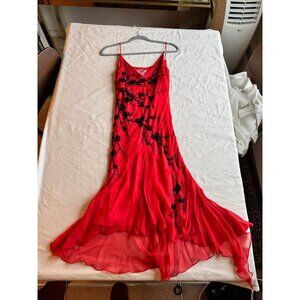 100% SILK Vibrant Red Orange Black Hand Beaded Spaghetti Strap Evening Gown Y2K